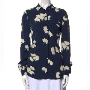 Ganni Navy Blue Floral Daisy Long Sleeve Button Up Blouse Top